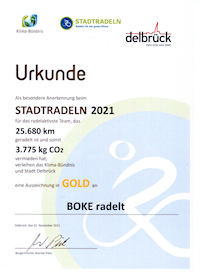 Stadtradeln 2021 - Urkunde für das Team BOKE
